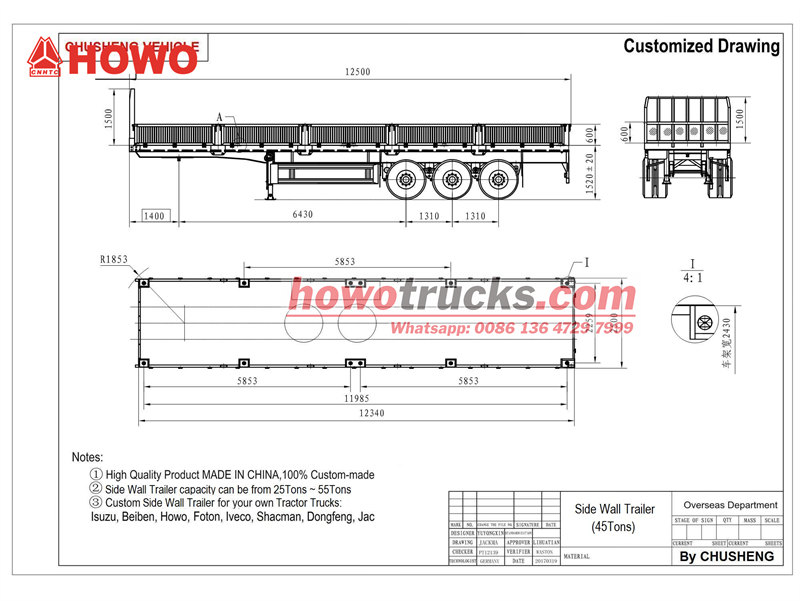 3-axle 45-ton dropside cargo semitrailer drawing